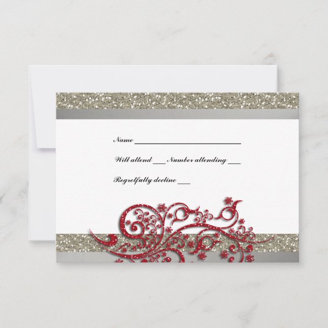 Fancy Silver Red Glitter Snowflakes RSVP (Front)