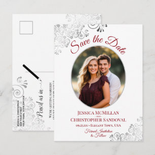 Fancy Silver Red White Wedding Save the Date Photo Announcement Postcard