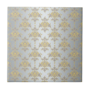 Fancy Silver White and Yellow Damask Ceramic Tile