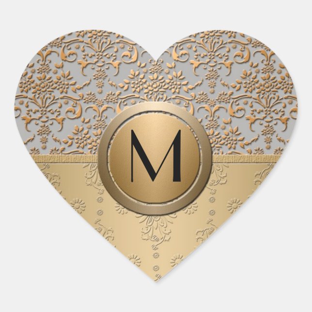 Fancy Simulated Gold and Silver Monogram Damask Heart Sticker (Front)