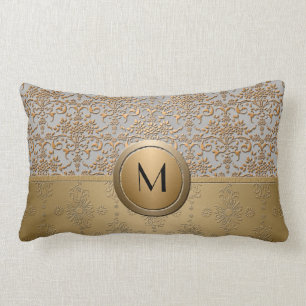 Fancy Simulated Gold and Silver Monogram Damask Lumbar Cushion