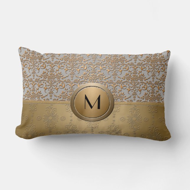 Fancy Simulated Gold and Silver Monogram Damask Lumbar Cushion (Front)