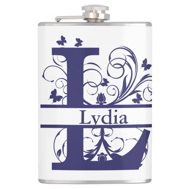 Fancy Split Monogram Letter "L" Customisable Hip Flask (Front)