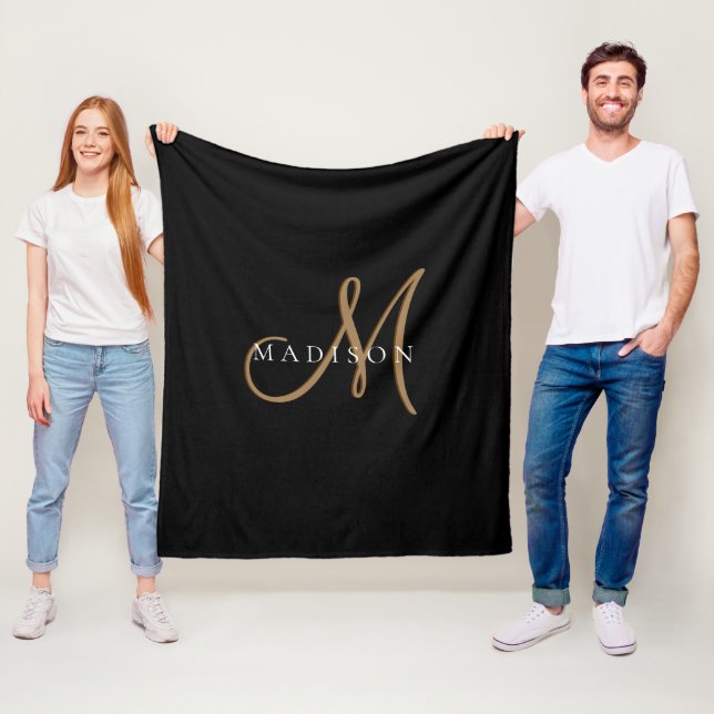 Fancy Stylish Black and Gold Monogram Script Fleece Blanket (In Situ)