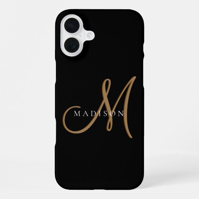 Fancy Stylish Black and Gold Monogram Script iPhone Case (Back)