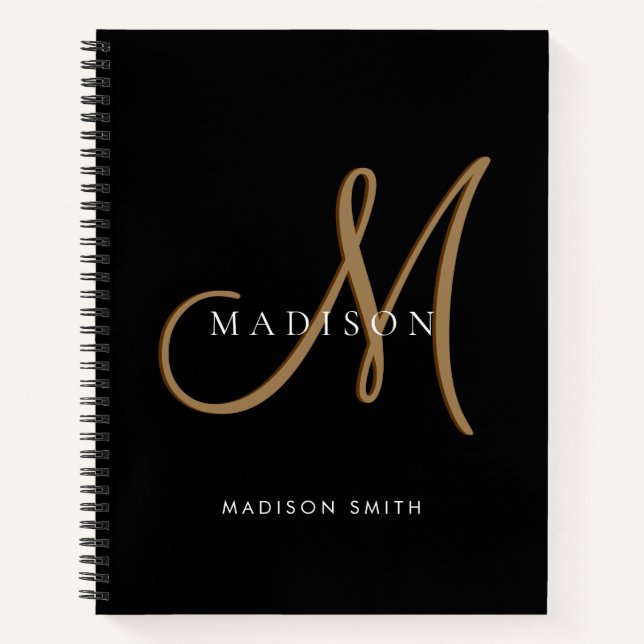 Fancy Stylish Black and Gold Monogram Script Notebook (Front)