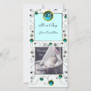 FANCY SWIRLS BABY BOY MONOGRAM ,aquamarine white Announcement