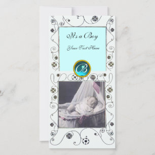 FANCY SWIRLS BABY BOY MONOGRAM ,aquamarine white Announcement