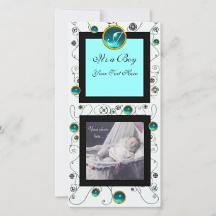 FANCY SWIRLS BABY BOY MONOGRAM ,aquamarine white Announcement