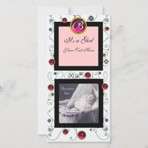 FANCY SWIRLS BABY GIRL MONOGRAM ,ruby white Announcement