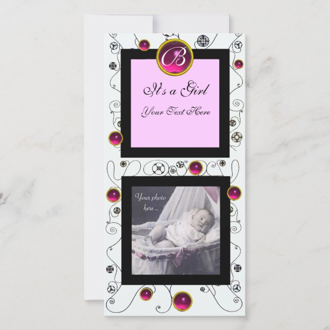 FANCY SWIRLS BABY GIRL MONOGRAM ,ruby white Announcement (Front)