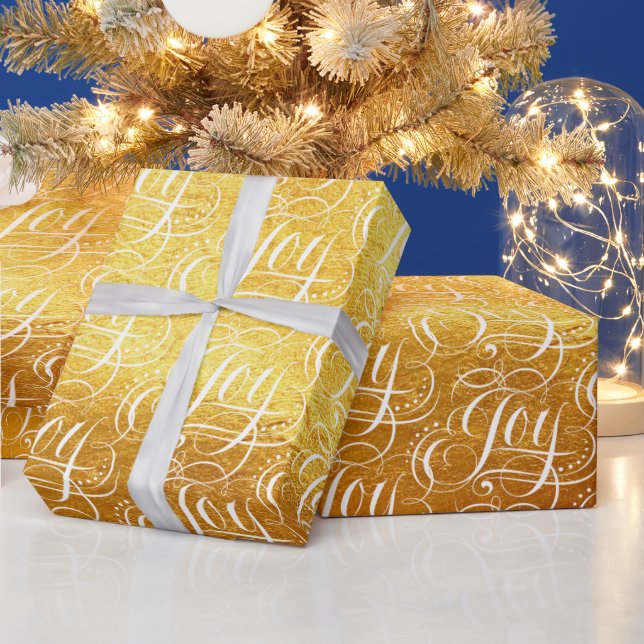 Fancy Swirly Joy Gold Foil Lettering Calligraphy   Wrapping Paper (Holidays)