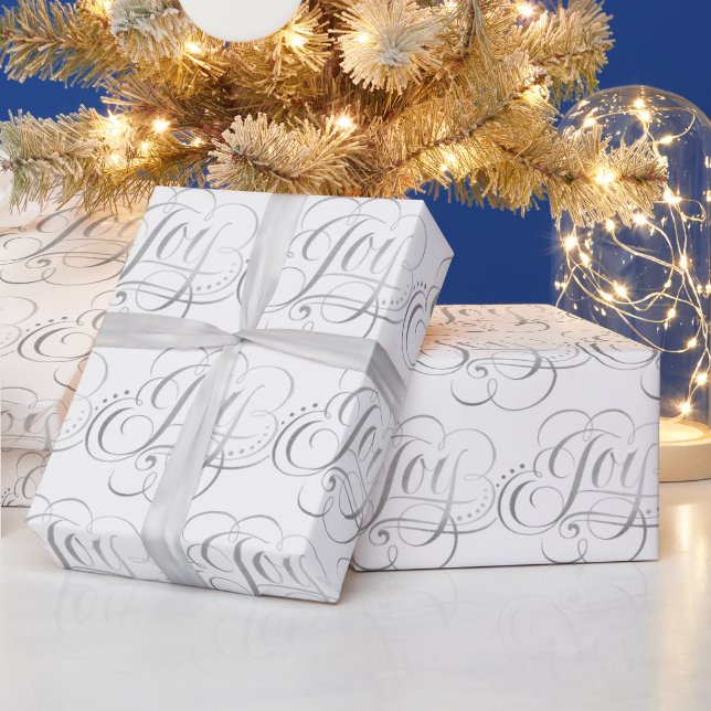 Fancy Swirly Joy Silver Foil Calligraphy Christmas Wrapping Paper (Holidays)