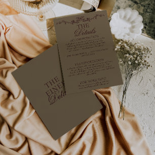 Fancy Taupe Burgundy Floral Boho Wedding Details Enclosure Card