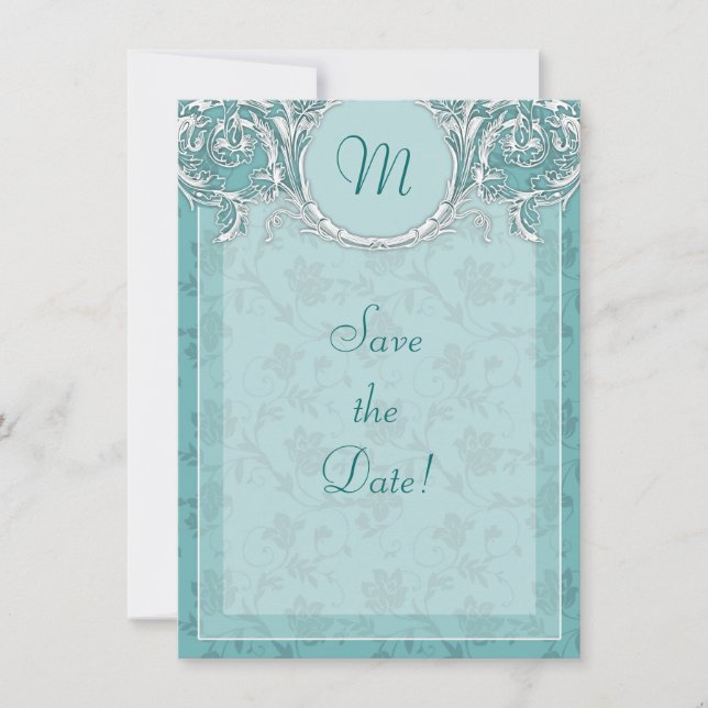 Fancy Teal Baroque Monogram Save the Date Card (Front)