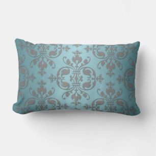 Fancy Teal Blue and Grey Damask Lumbar Cushion