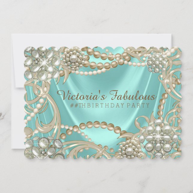 Fancy Teal Blue Ivory Pearl Birthday Party Invitation (Front)
