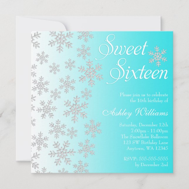 Fancy Teal Snowflakes Winter Wonderland Sweet 16 Invitation (Front)