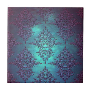 Fancy Teal to Purple Damask Pattern Ceramic Tile