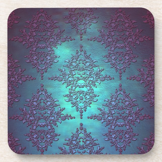 Fancy Teal to Purple Damask Pattern Coaster (Front)