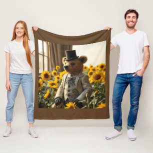 Fancy Teddy bear in the sunflowers Fleece Blanket