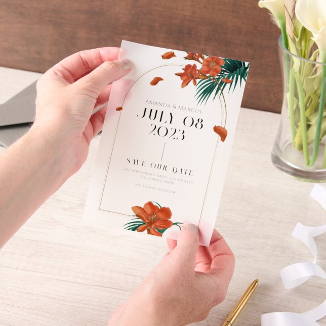 Fancy Tropical Flowers Wedding - Save The Date Vellum Invitations (Handheld)