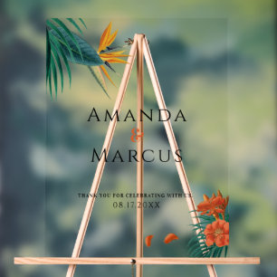 Fancy Tropical Flowers Wedding Welcome Acrylic Sign
