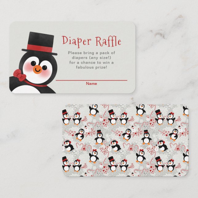 Fancy Tuxedo Penguin Baby Shower Diaper Raffle Enclosure Card (Front/Back)