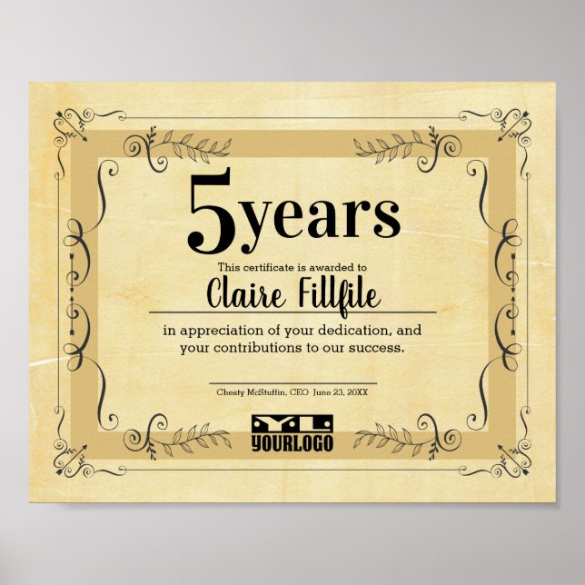 Fancy universal employee anniversary certificate poster (Front)