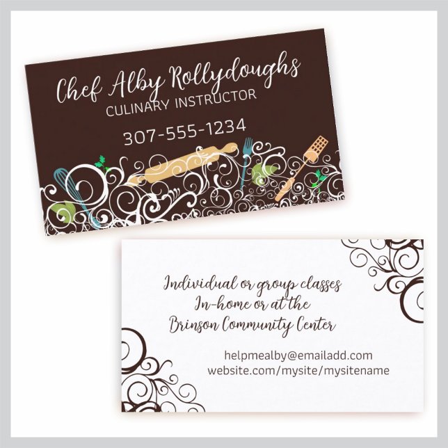 Fancy utensils herbs chef cooking class catering business card (Creator Uploaded)