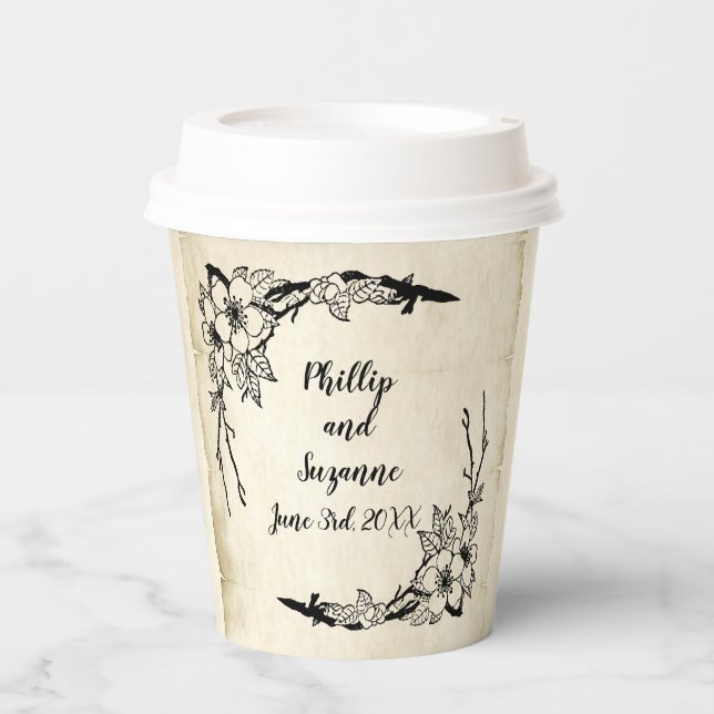 Fancy Vintage Floral Wedding Party Paper Cups (Front)