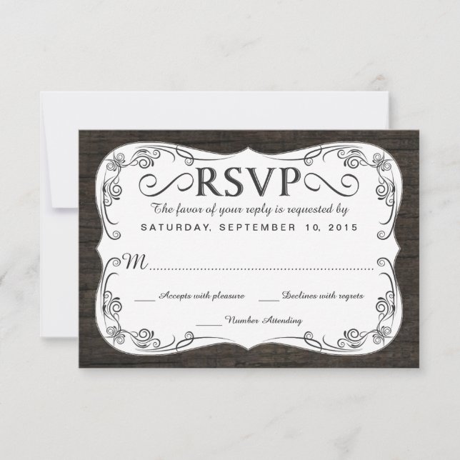 Fancy Vintage Rustic Wood RSVP Wedding Reply Card (Front)