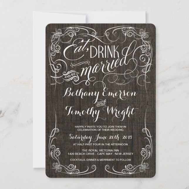 Fancy Vintage Rustic Wood Wedding Invitations (Front)