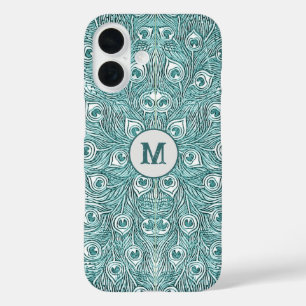 Fancy Vintage Teal Peacock Feathers with Monogram iPhone 16 Case