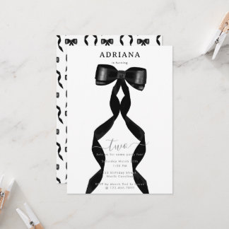 Fancy Watercolor Black Bow Formal Birthday Invitation