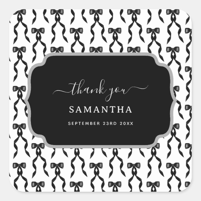 Fancy Watercolor Black Bow Pattern Square Sticker (Front)