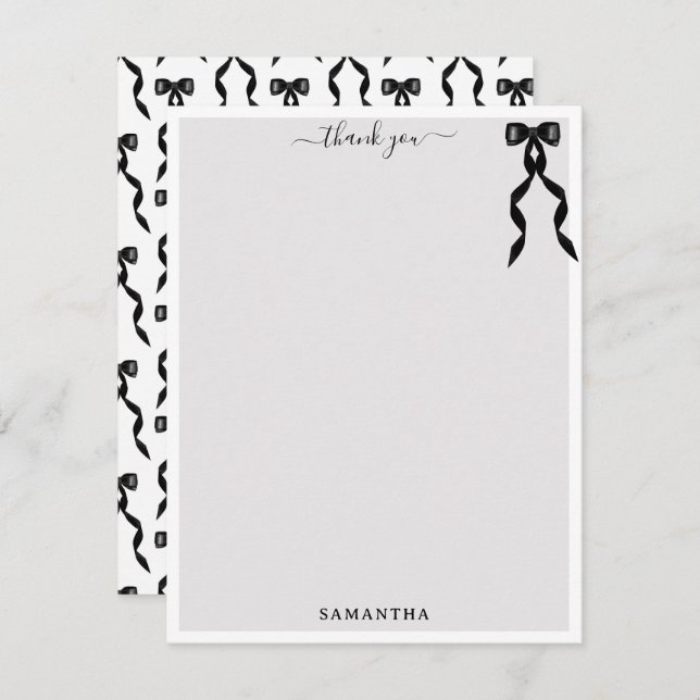 Fancy Watercolor Black Bow Personalised Thank You Card (Front/Back)
