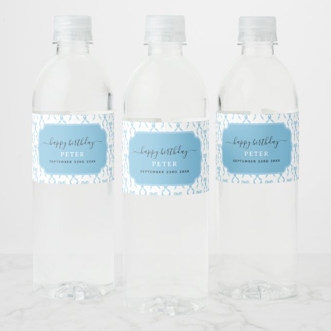 Fancy Watercolor Blue Bow Birthday Water Bottle Label (Bottles)