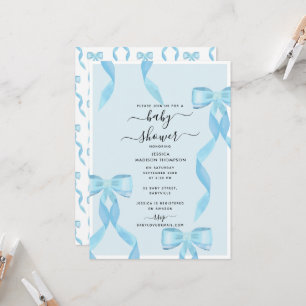 Fancy Watercolor Blue Bow Formal Baby Shower Boy Invitation