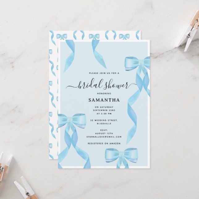 Fancy Watercolor Blue Bow Formal Bridal Shower Invitation (Front/Back In Situ)