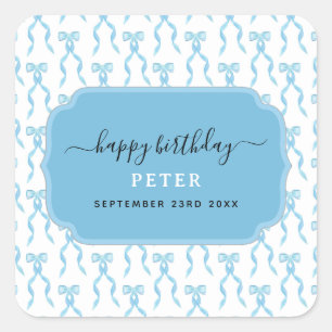 Fancy Watercolor Blue Bow Pattern Square Sticker