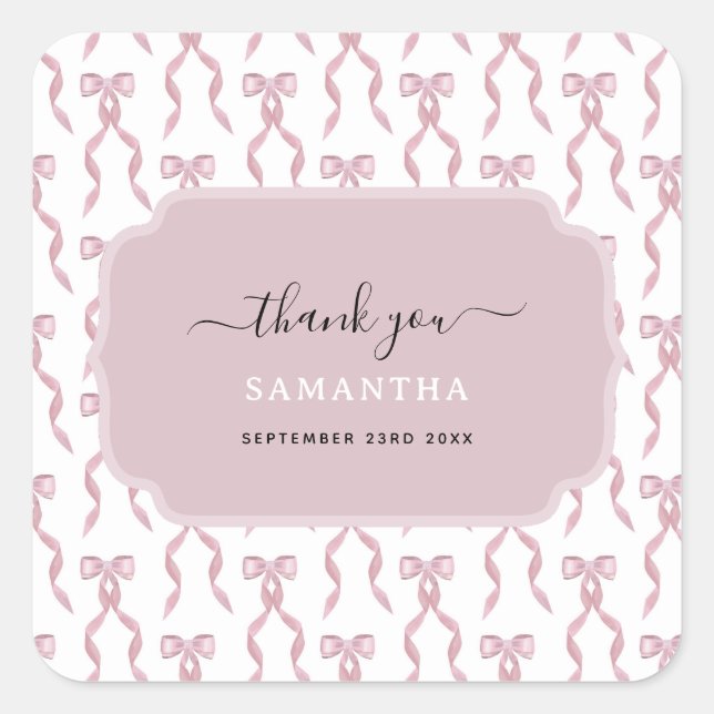 Fancy Watercolor Pink Bow Pattern Square Sticker (Front)