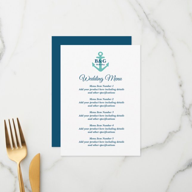 Fancy wedding menu with nautical boat anchor logo (Front/Back In Situ)