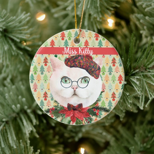 Fancy White Cat & Poinsettia Custom   Ceramic Ornament (Tree)