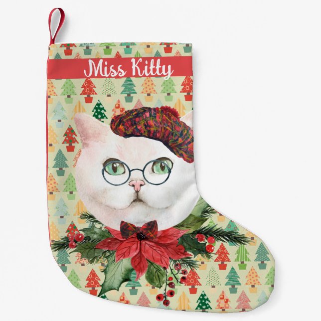 Fancy White Cat & Poinsettia Custom Small Christmas Stocking (Front)