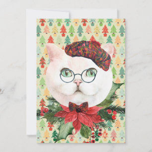 Fancy White Cat & Poinsettia Holiday Card