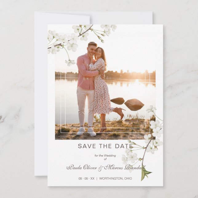 Fancy White Cherry Blossom Photo Couple Save The Date (Front)