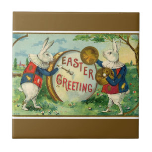 Fancy White Easter Bunnies Dark Brown Ceramic Tile