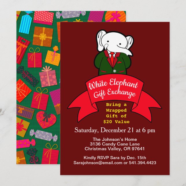 Fancy White Elephant Christmas Gift Exchange, ZPR Invitation (Front/Back)