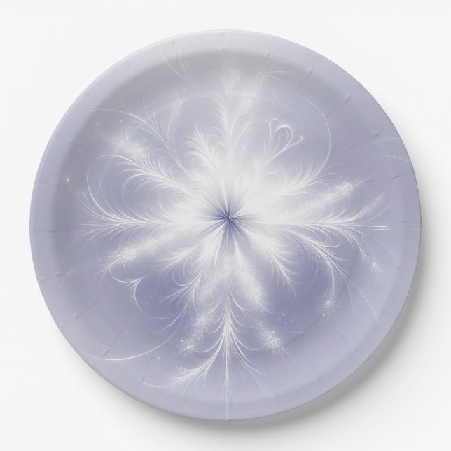 Fancy White Snowflake On Purple Paper Plate (Front)